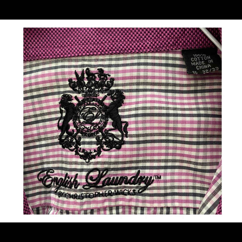 English Laundry Men’s Dress shirt, fuchsia, green, white, size 16, 32/33